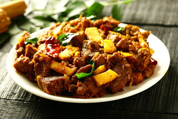 Homemade delicious meat pepper fry roast from Indian cuisine, Kerala food recipes.