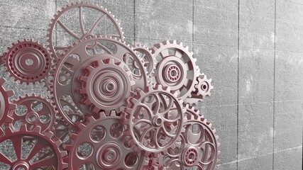 Mechanism red metallic gears and cogs at work on green plate under spot light background. Industrial machinery. 3D illustration. 3D high quality rendering. 3D CG.