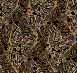 Vector seamless pattern with gold and black tropical leaves on dark background.