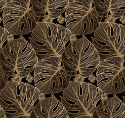 Gordijnen Vector naadloos patroon met gouden en zwarte tropische bladeren op donkere achtergrond. © Pongsapol