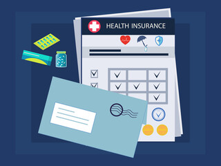 Insurance compensation. Paper form of medical document with envelope, medicines, discount and stamp. Insured event or health safety. Agreement with protection, event coverage. Vector illustration