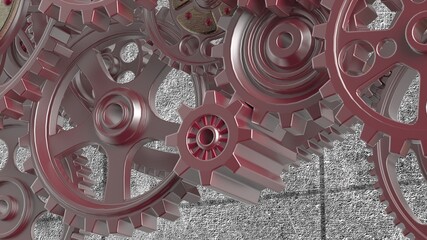 Mechanism red metallic gears and cogs at work on green plate under spot light background. Industrial machinery. 3D illustration. 3D high quality rendering. 3D CG.