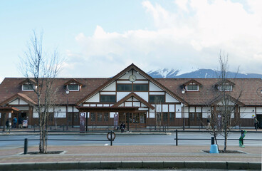 Obraz premium In front of Kawaguchi-ko Train Station in Japan with Blue tone