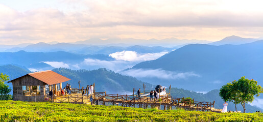 Naklejka na ściany i meble The landscape in the morning valley by the wooden bridge attracts many tourist couples to take wedding photos in the highlands near Da Lat, Vietnam