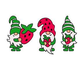 Three gnomes with strawberry on white background. Vector illustration.