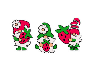 Three gnomes with strawberry on white background. Vector illustration.
