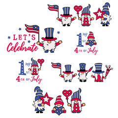 USA patriotic gnomes designs are on white background. Vector illustration set.