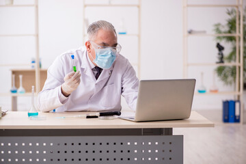 Old male chemist working in the lab during pandemic