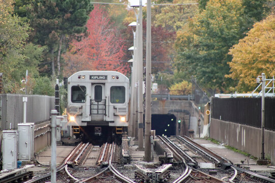 Subway Train on the Tracks in Fall