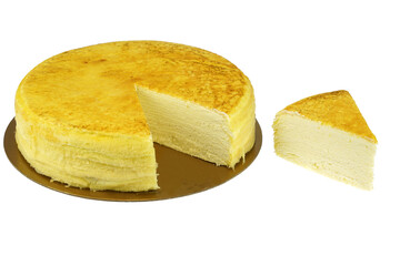 cream cake with one piece cut isolated on white background