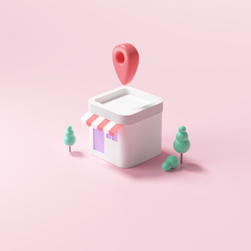 3D minimal shop with map pin, house on pink background. 3d render illustration