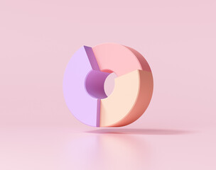 Donut chart on pink background. 3d render illustration.