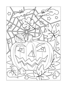 Coloring page with Halloween pumpkin, bats, spiderweb

