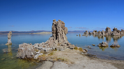 the striking limestone tufa towers at dusk along the shoreline of the south tufa area at mono lake, near lee vining, California