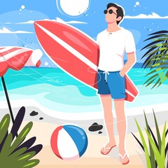 Boy Posing With Surfboard on beach illustration