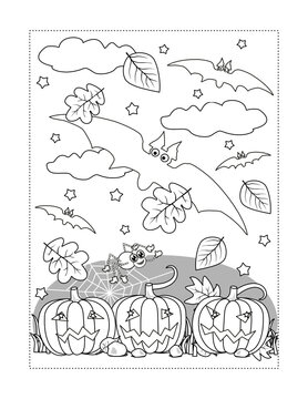 Coloring page with Halloween bats fly above the pumpkin field
