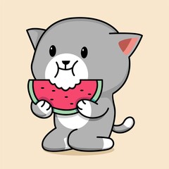 Cute cat eating watermelon cartoon illustration
