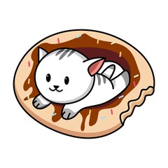 Cute cat on the doughnut cartoon illustration