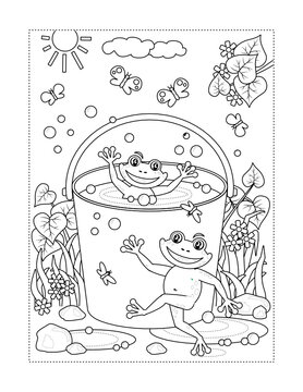 Coloring page with happy frogs playing in bucket full of water
