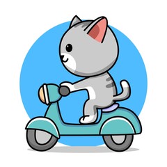 Cute cat with motorcycle cartoon illustration
