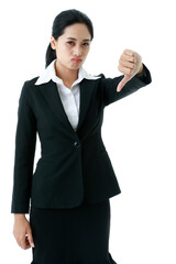 Portrait closeup isolated cutout shot of Asian young worry angry unhappy unsatisfied female businesswoman wears black formal suit standing show bad hand sign thumb down in front of white background