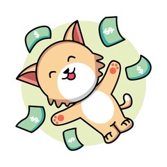 Cute cat with a lot of money cartoon illustration