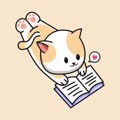 Cute cat read a book cartoon illustration
