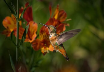This macro wildlife image shows a beautiful hummingbird flying over lush orange blossoming flowers. 