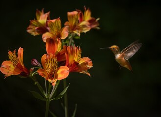 Naklejka premium This nature photograph captures a stunning hummingbird mid air near, hovering next to blooming flora.
