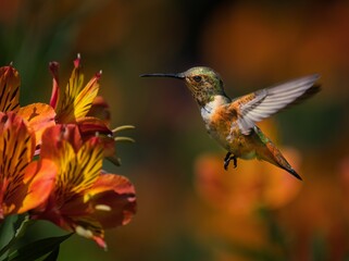 This macro image showcases a colorful Hummingbird flying in a lush botanical garden.