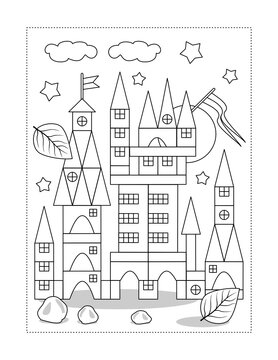Coloring page with toy tower of building blocks in night with moon, stars, falling leaves, flag
