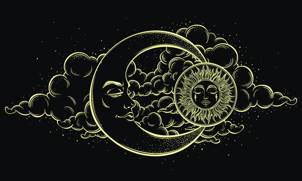 Vintage hand drawn moon, sun and night sky. Vector illustration for coloring book, t-shirts design, tattoo.Vector illustration.