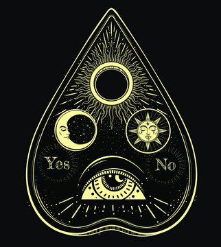 Bohemian hand drawn ouija that consists of pictures of the sun, moon, rays and Eye of Providence. Magic, Esoteric Philosophies, tattoo art. Vector illustration. Vector Isolated.