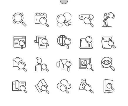 Search. Magnifier, exploration, magnifying, optimization, magnify. Real estate search. People search. Pixel Perfect Vector Thin Line Icons. Simple Minimal Pictogram