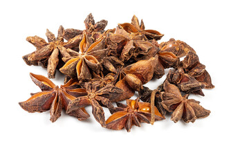 pile of star anise fruits closeup on white
