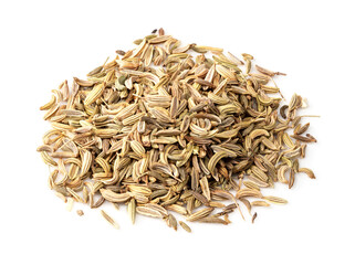 handful of Fennel fruits closeup on white