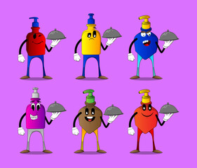 Cartoon bottle of hand sanitizer gel for hygiene with face holding silver cloche in hand.