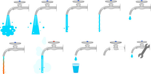 シンプルな水道の蛇口と水のイラストセット