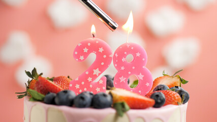 Birthday cake number 28, pink candle on beautiful cake with berries and lighter with fire against...