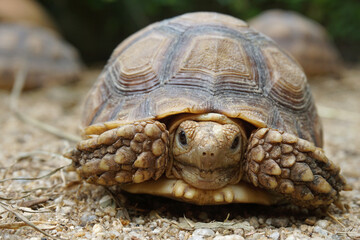 African Sulcata Tortoise Natural Habitat,Close up African spurred tortoise resting in the garden, Slow life ,Africa spurred tortoise sunbathe on ground with his protective shell ,Beautiful Tortoise
