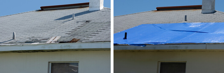 Before and after temporary repair on a badly storm damaged roof on a house with a big leaky hole in the shingles and rooftop on left and covered hole with blue plastic tarp on right. - 435326146