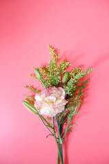 Flowers composition on pink background. Spring, summer, floral background for design. Colorful floral background element. Wedding, Bridal, Women's concept.