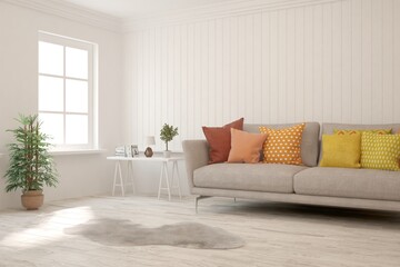 White living room with sofa. Scandinavian interior design. 3D illustration