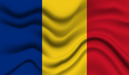 Abstract waving flag of Romania with curved fabric background. Creative realistic waving flag of Romania vector background