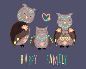 Cute set of owls happy family. Vector cartoon illustration, printing on textiles, postcards and more.