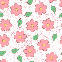 Pastel colored pink doted sakura flowers and leaves seamless pattern, vector