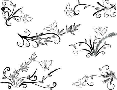 vector drawing butterfly and bamboo plant design set background
