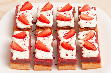 strawberry cake with white cream, on white background, image from above