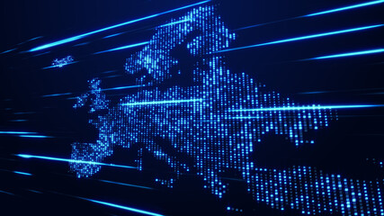Abstract Futuristic Blue Shinny Square Mosaic Map Of Europe Perspective View With Horizontal Light Streaks
