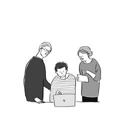 祖父母、両親、の代わりにパソコンをする若い男性、孫、息子
（白背景）